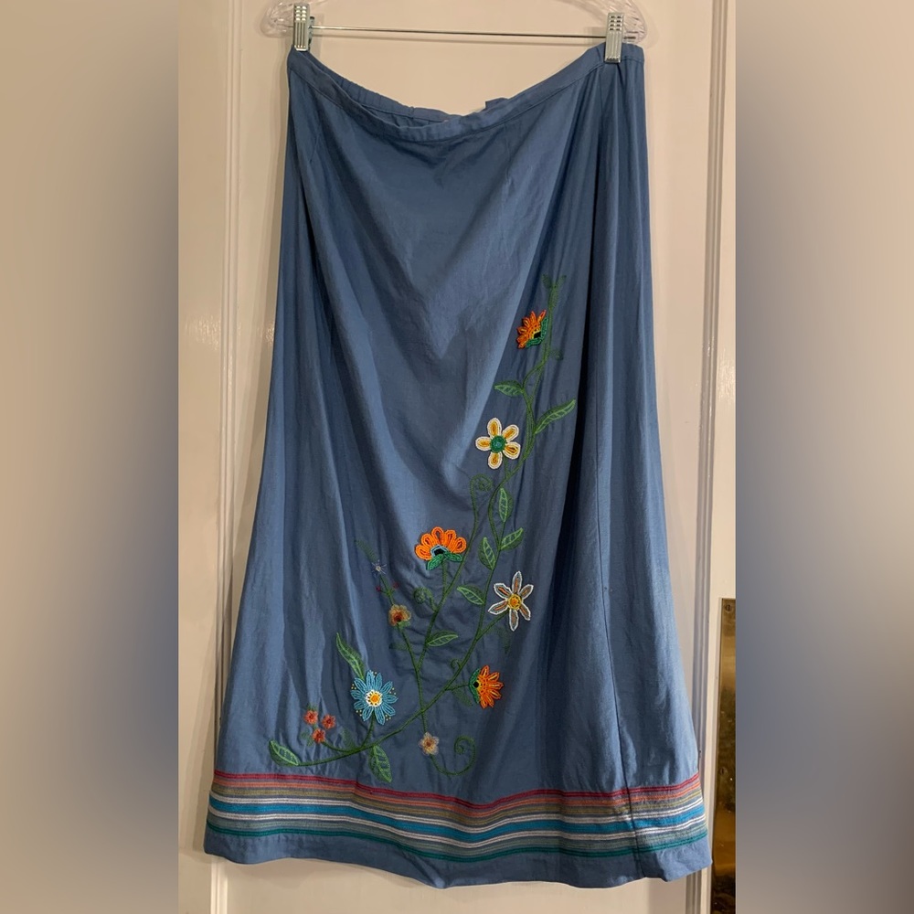 Hearts of Palm Skirt womens 16 Long Floral Beaded Embroidered Stripes Chambray